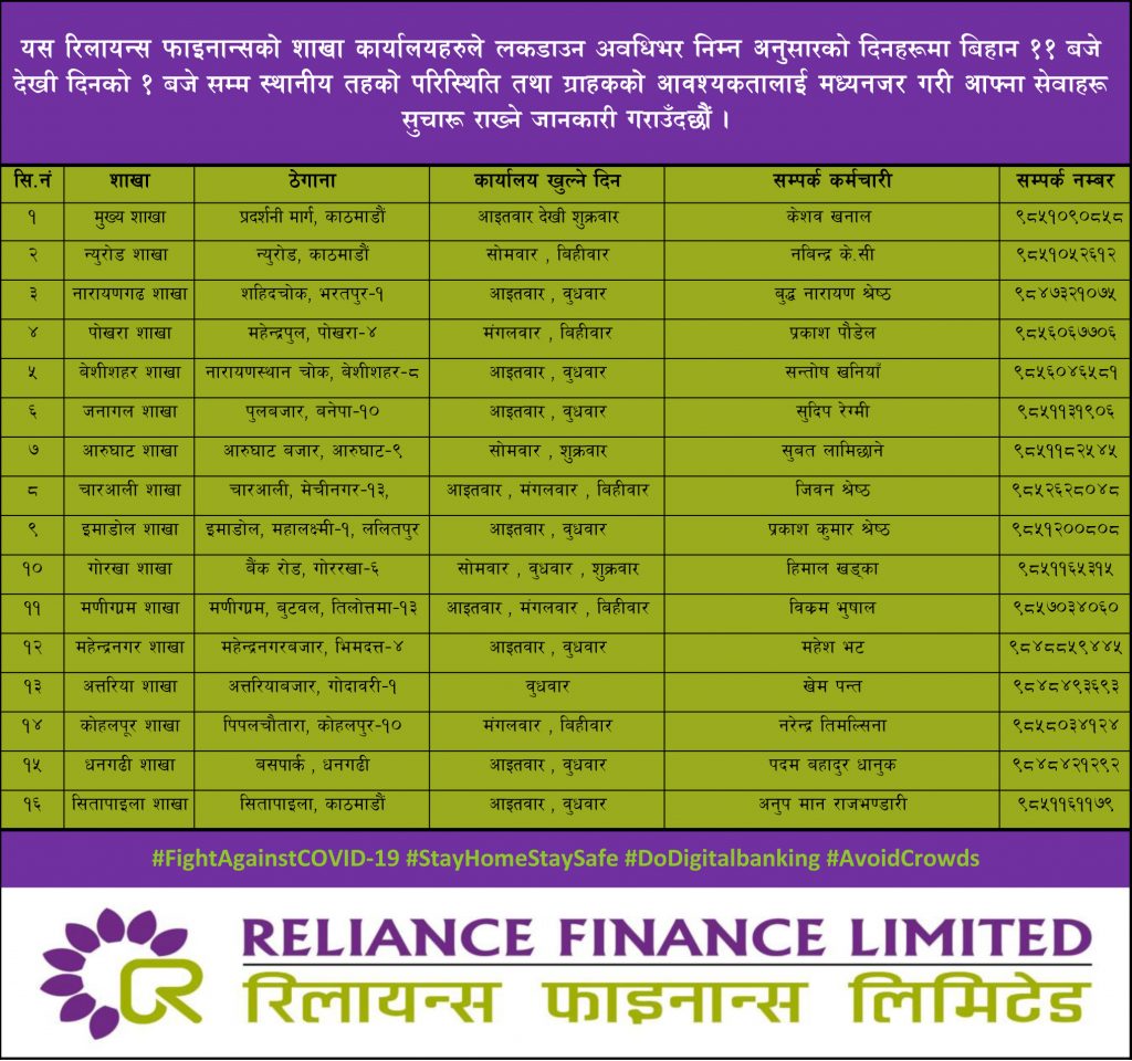 RFL Branch Operation schedule from 2077-02-04 till next notice